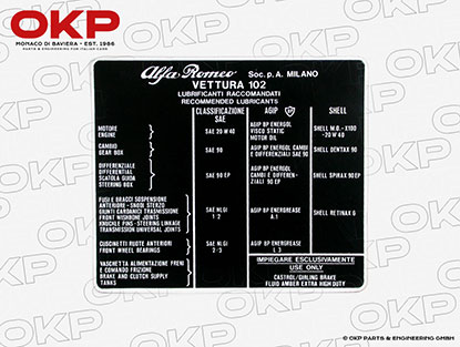 Aufkleber Schmiermittelvorschrift 102 -Typen, Alfa 2000 