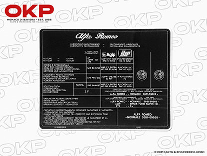 Aufkleber Schmiermittelvorschrift 116 -Typen + Alfa 75