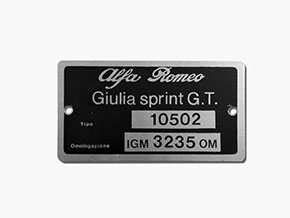 Typenschild Alfa Romeo 105.02 Giulia Sprint GT 1600